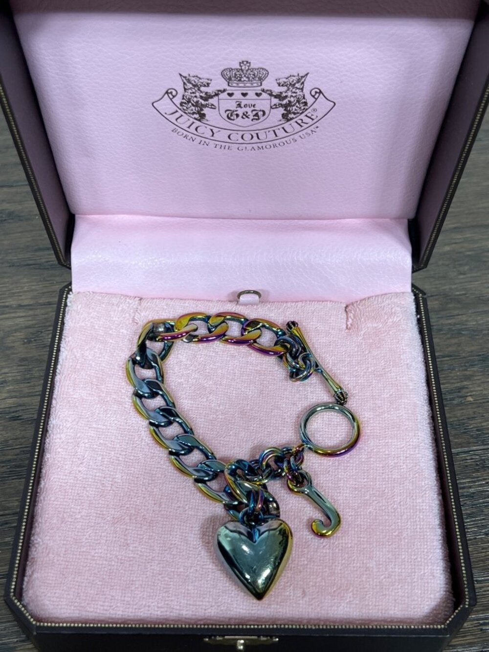 JUICY COUTURE VINTAGE Y2K Iridescent Rainbow Heart Charm Starter Bracelet EUC - Picture 2 of 6